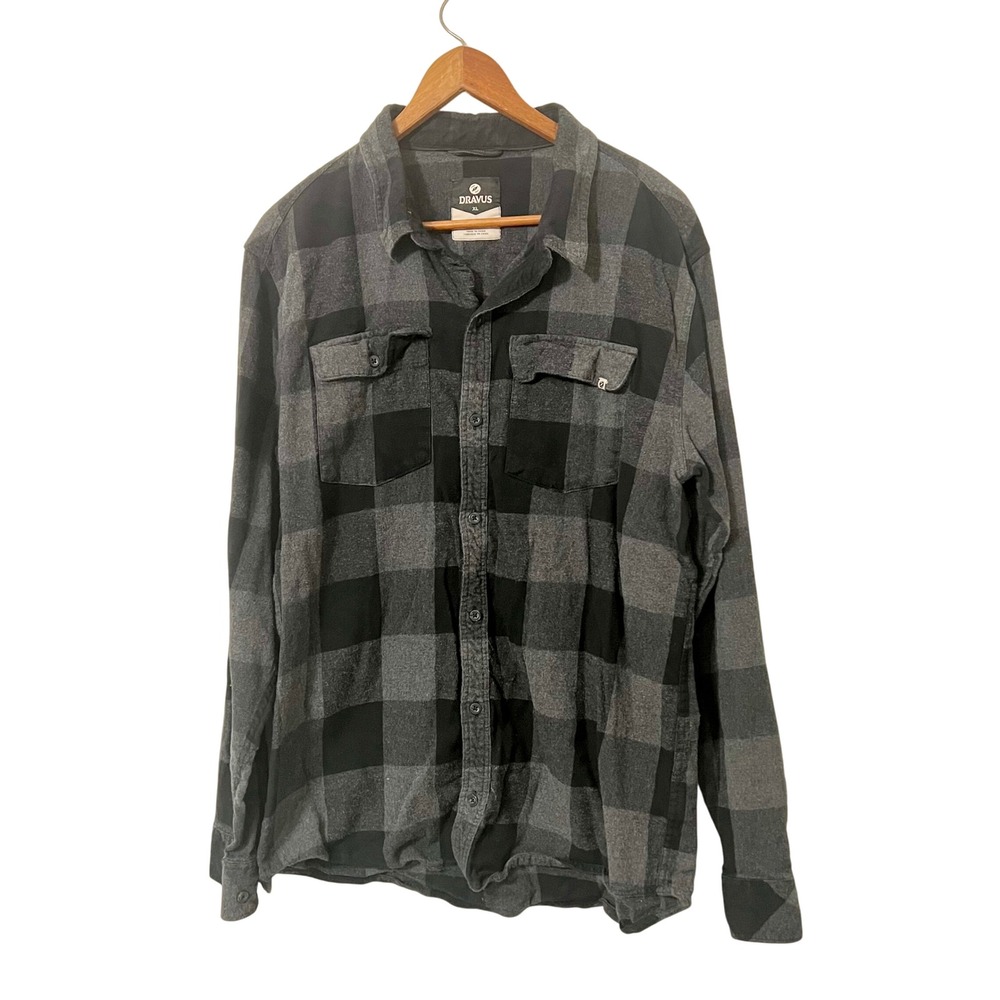 DRAVUS Mens XL Black Gray Plaid Flannel Long Sleeve Button Up Shirt Outdoor Gorp